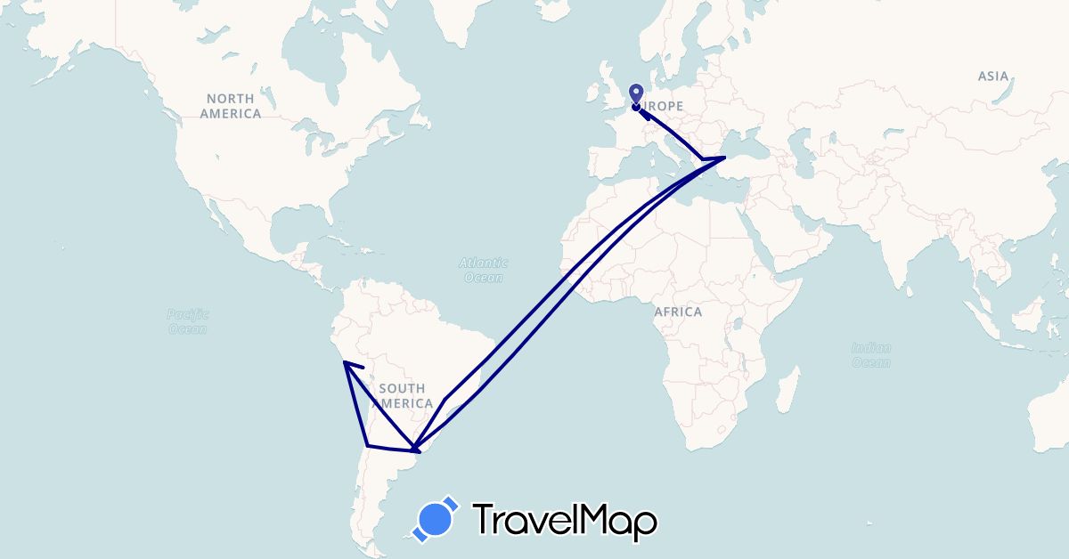 TravelMap itinerary: driving in Argentina, Belgium, Brazil, Chile, France, Greece, Peru, Turkey, Uruguay (Asia, Europe, South America)